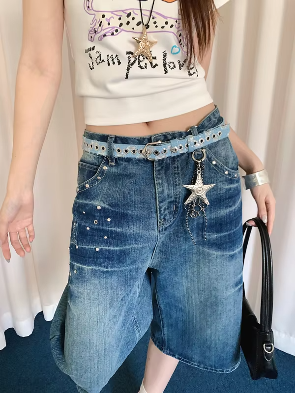 Vintage Distressed Style Denim Belt Women's Y2K Millennium Style Leather Belt No-Punching Matching Jeans Belt