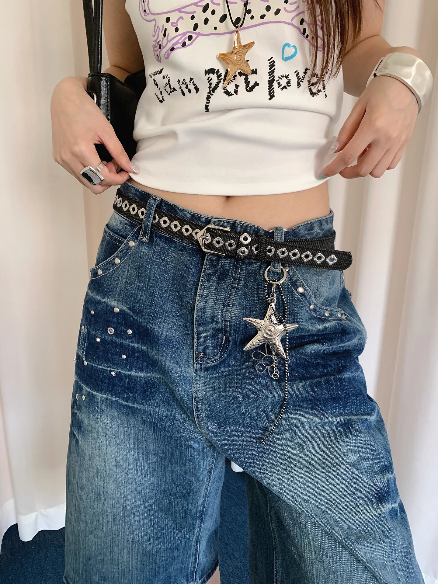 Vintage Distressed Style Denim Belt Women's Y2K Millennium Style Leather Belt No-Punching Matching Jeans Belt